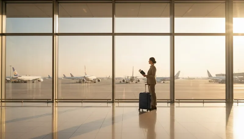 נוסע ישראלי בשדה תעופה בינלאומי מביט לעבר המטוסים, מזוודה לצדו, אור זהוב ממלא את האולם