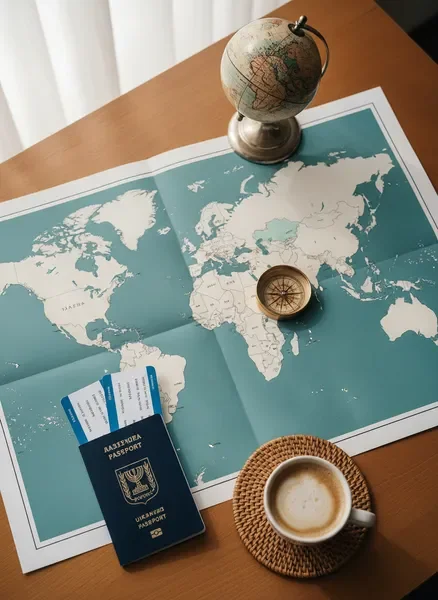 תכנון טיול לחו"ל — שולחן עבודה של סוכן נסיעות עם מפה ודרכון