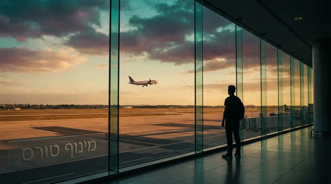 נוף שדה תעופה בשעת שקיעה עם מטוס ברקע