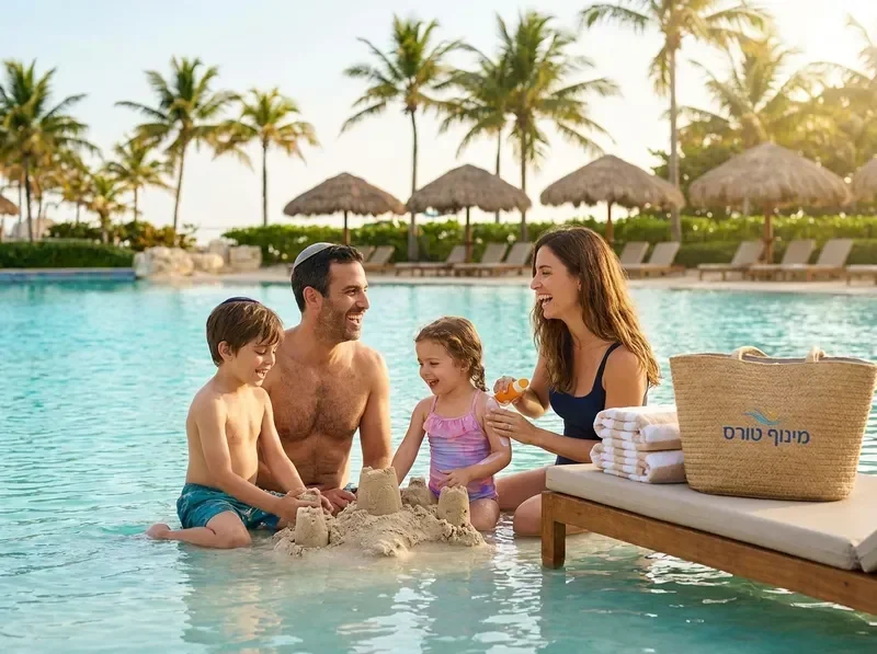חופשת משפחה בחו"ל — הורים וילדים על חוף טרופי
